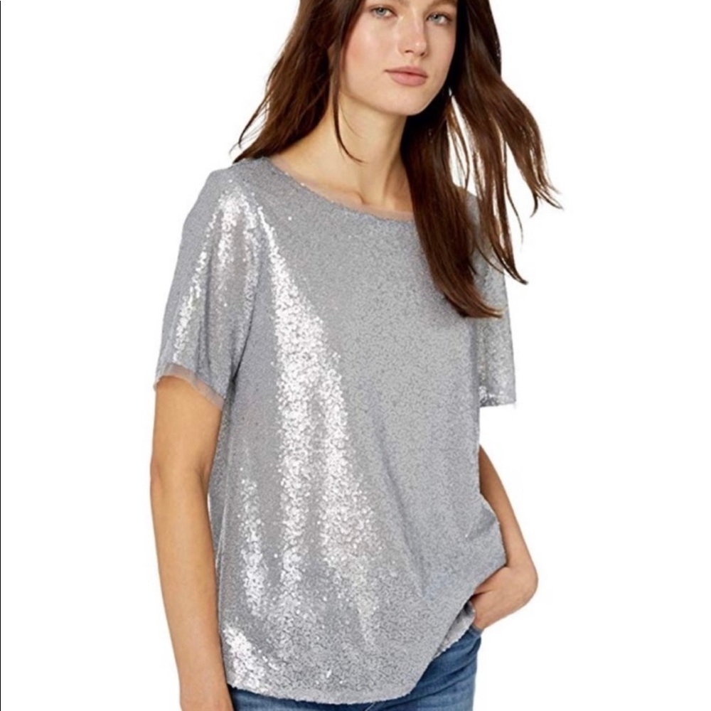 NYDJ short sleeves silver sequined blouse top crew neck size large